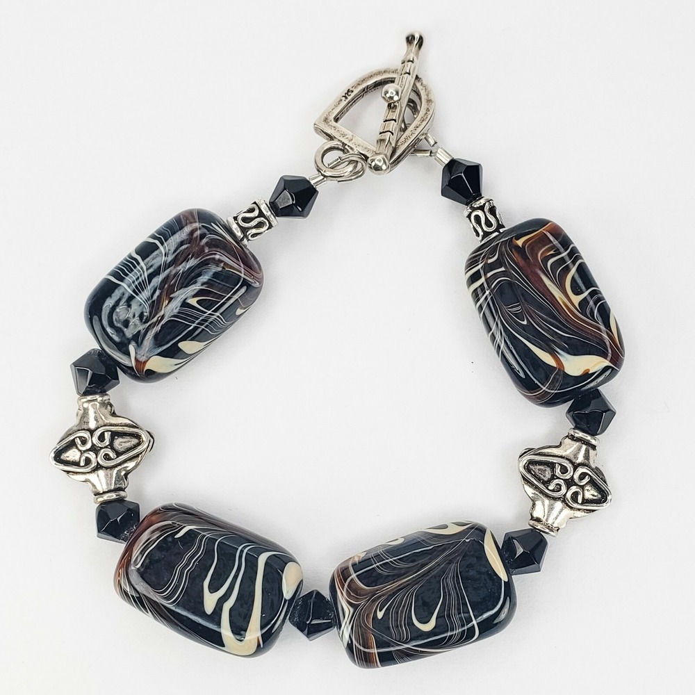 925 Sterling Silver Artisan Handmade‎ Large Swirled Black Bead Bracelet